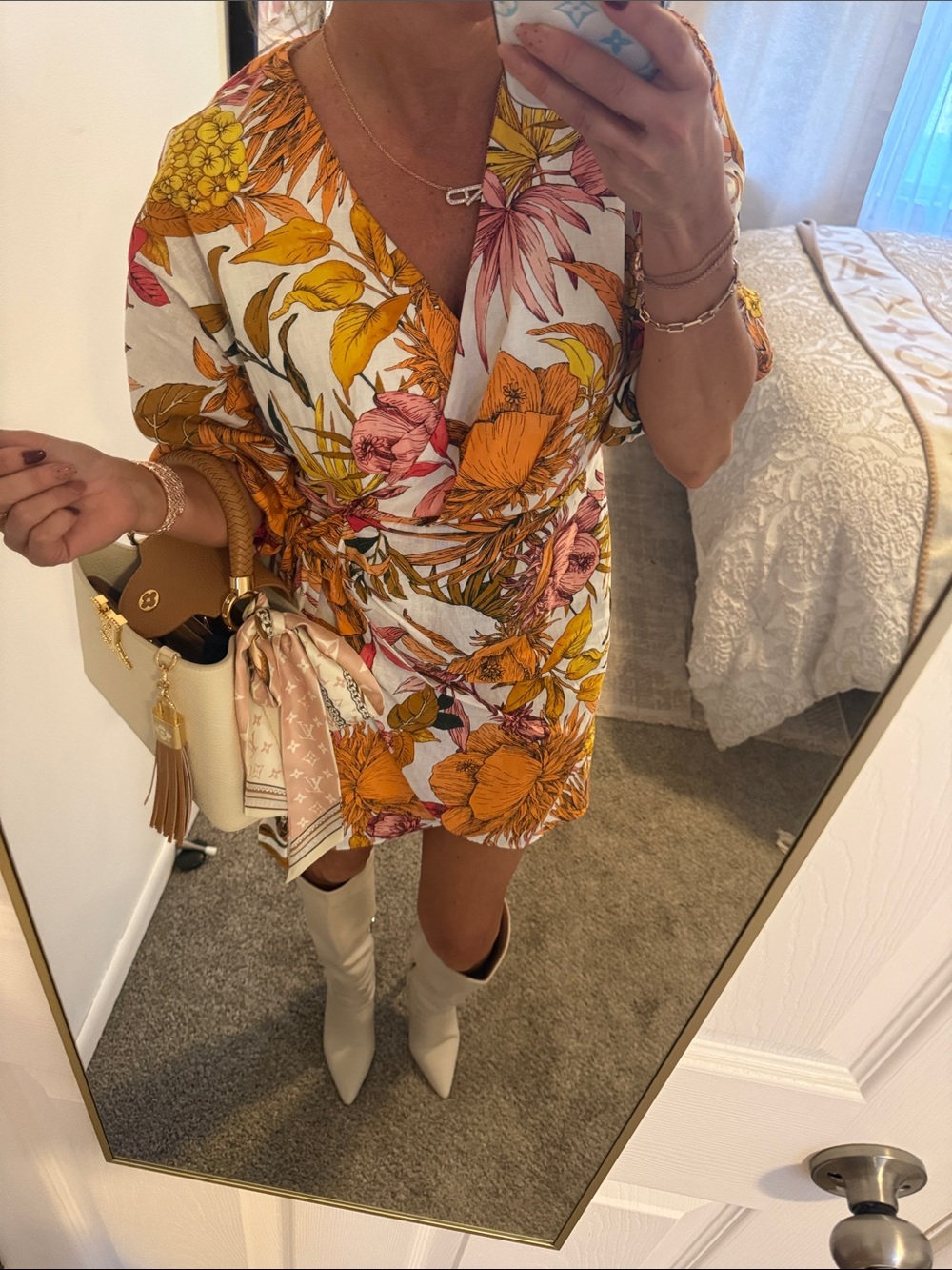 Express Floral Wrap Mini Dress in White, Mustard & Pink